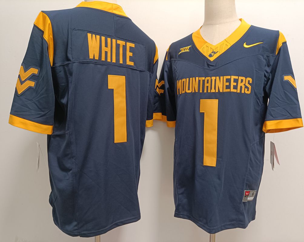 Men West Virginia Mountaineers 1 White Drak Blue Nike 2025 NCAA Jersey